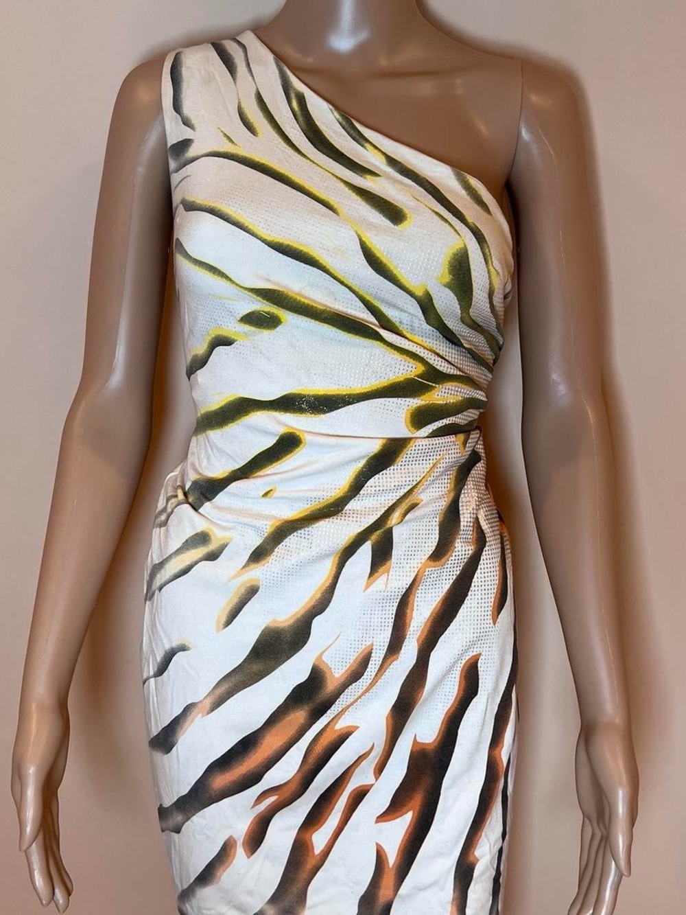 Cache One-Shoulder White Dress with Olive and Brown Abstract Print